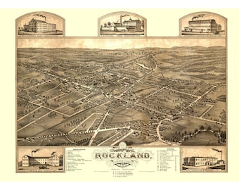 Historyczny widok panoramiczny – Rockland, Massachusetts – Stoner 1881 – Sztuka ścienna w stylu vintage