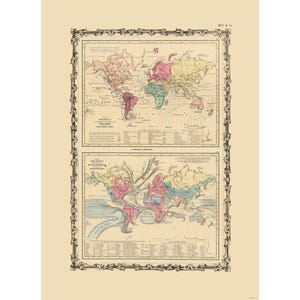 Puede incluir: Una lámina educativa de estilo vintage que presenta dos mapas mundiales dentro de un borde negro decorativo. El mapa superior muestra líneas isotermas, mientras que el inferior ilustra las corrientes oceánicas.