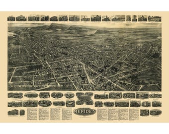 Historyczny widok panoramiczny – Meriden, Connecticut – Bailey 1918 – Sztuka ścienna w stylu vintage