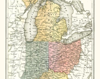 Historic State Map - Ohio Michigan Indiana Kentucky - Mitchell 1869 - Vintage Wall Art