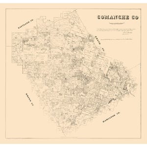 May include: A vintage-style beige map of Comanche County, Texas, featuring detailed land survey plots, property boundaries, and labels for neighboring counties including Eastland, Erath, Brown, and Hamilton. The map includes a scale bar and text.
