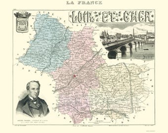 Mapa historyczna - Departament Loir et Cher Francja - Migeon 1869 - Sztuka ścienna w stylu vintage