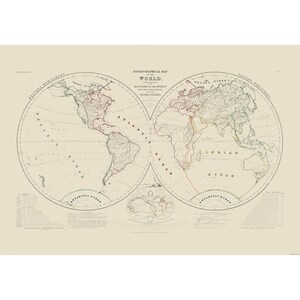 May include: A vintage-style hydrographical map of the world featuring two circular hemispheres on a cream background. The map displays the division of the ocean and river systems with text labels, including the title Hydrographical Map of the World.