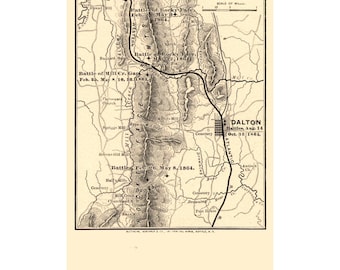 Historyczna mapa wojny secesyjnej – bitwy w okolicach Dalton w Georgii – Northrup 1864 – sztuka ścienna w stylu vintage