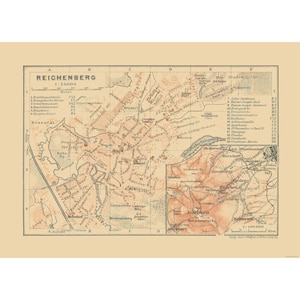 Historic Map - Reichenberg Germany - Baedeker 1910 - Vintage Wall Art