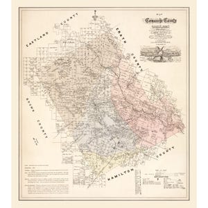 May include: A vintage 1879 map of Comanche County, Texas, featuring detailed land surveys, property boundaries, and geographical markings. The document includes a title, a legend with explanations, and an illustration of an eagle with a shield.