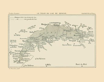Mapa historyczna – Szwajcaria, wycieczka po Jeziorze Genewskim – szwajcarski przewodnik 1917 – sztuka ścienna w stylu vintage