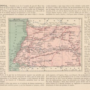 May include: A vintage historical map titled Guinea Continental, featuring a pink and green color scheme. The map displays geographical details, rivers, and coastal regions with text in Spanish surrounding the central cartographic illustration.