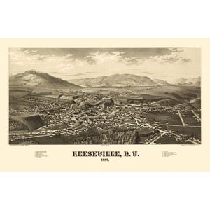 May include: A sepia-toned bird's-eye view lithograph of Keeseville, N.Y. in 1887. The print depicts a detailed town layout with buildings, streets, and surrounding hills. The text "KEESEVILLE, N. Y. 1887." is centered below the illustration.