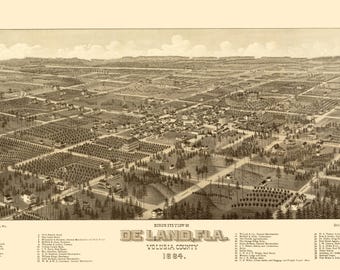 Historyczny widok panoramiczny – Deland, Floryda – Beck 1884 – Sztuka ścienna w stylu vintage