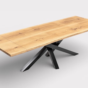 MIKADO - Table à Rallonges Chêne Massif Live Edge Bords Naturels Piétement Mikado Acier Sur Mesure