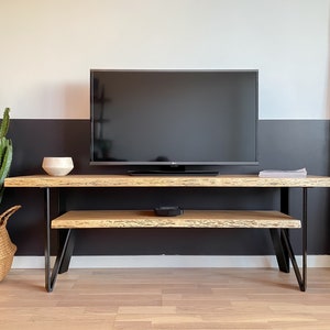 Double TV Console Unit, Solid Oak Top, Flat Steel Compas Base, Custom Made