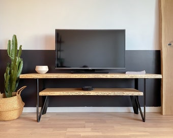 Double TV Console Unit, Solid Oak Top, Flat Steel Compas Base, Custom Made