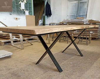 Extending Table Solid Oak Live Edge Natural Edges Cross X Steel Legs Custom Made