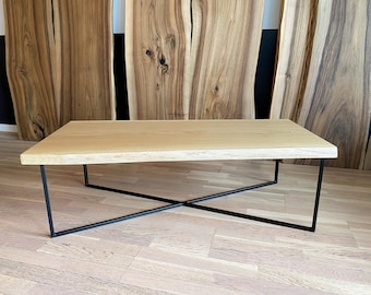 Solid Oak Coffee Table, custom-made square tube wire steel base