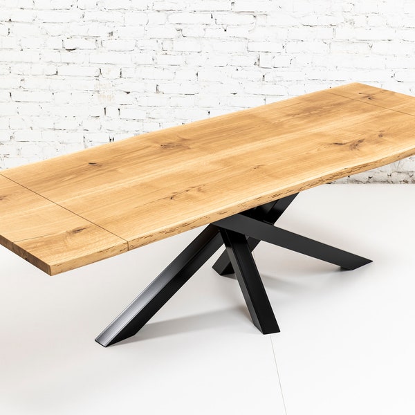 Table à Rallonges Chêne Massif Live Edge Bords Naturels Piétement Mikado Acier Sur Mesure