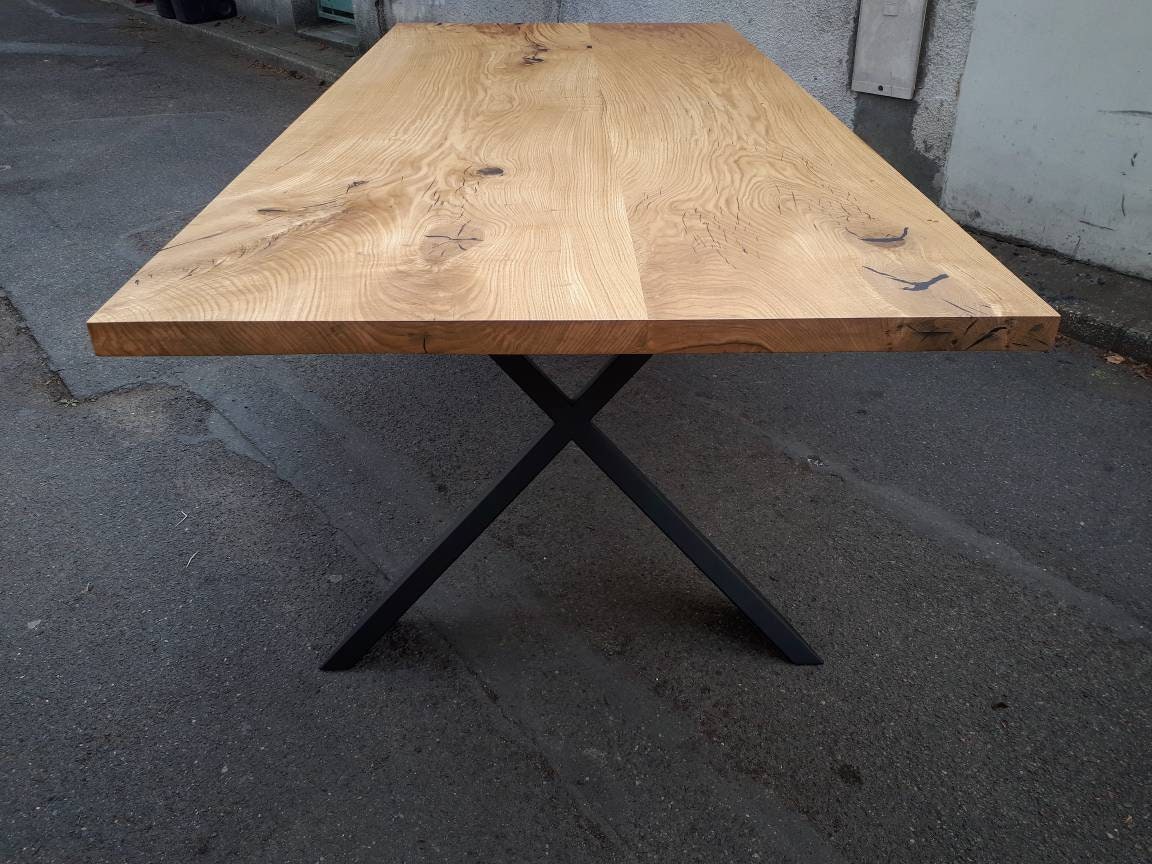 Table Chêne Massif Pieds Métal Industriel X-Form sur Mesure