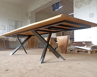 Live Edge Solid Oak Extending Table Black Steel Inclined X Base Custom Made