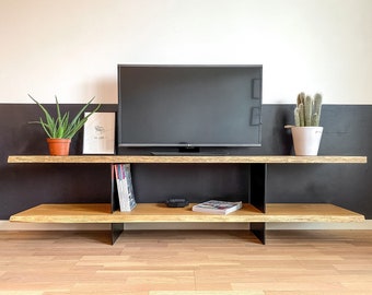 TV Console Unit Solid Oak Industrial Steel Custom Made