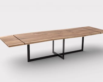 AXIS - Extendable Table in Solid Walnut with Live Edge, Natural Edges, and Custom Steel Base