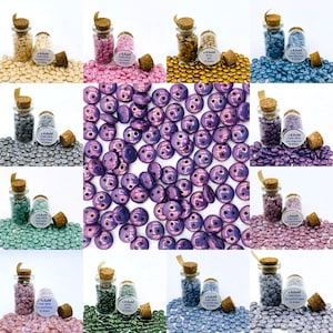 2 Hole Lentil Beads  Czech Glass Mix & Match! 12 gram bottle *(approximately 80 beads) Chalk White Colors, Brass Gold and Jet Red Luster