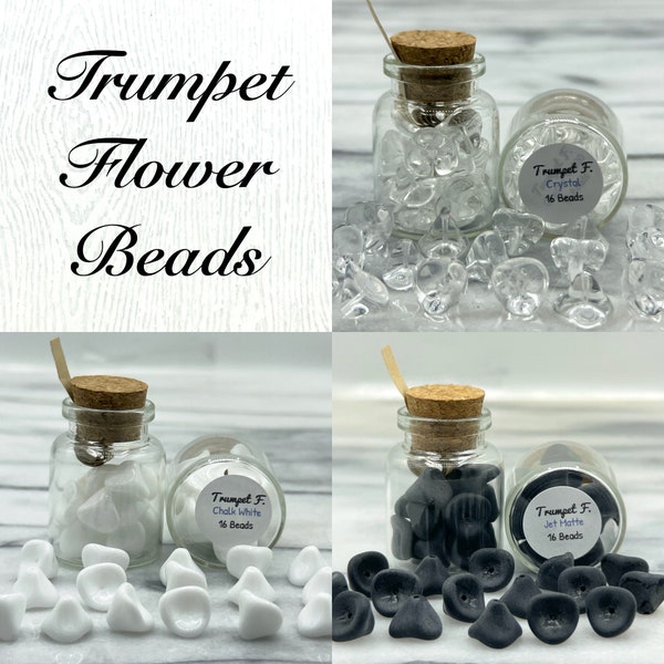 Trumpet Flower Beads Czech Glass Mix & Match! Bag of 50 beads Crystal, Chalk White, Jet Matte