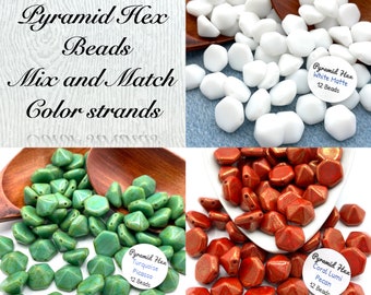 Pyramid Hex Beads Czech Glass Mix & Match! Strand of 12 Beads White Matte, Turquoise Picasso, Coral Lumi Pecan