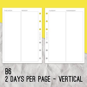 2 Days Per Page Vertical, B6 size rings, Ring planner pages, Planner inserts, Daily pages, Diary inserts, Weekly planning, Week on 4 pages