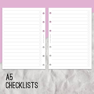 May include: Two blank A5 checklist pages with lines and circles for marking. The pages are designed for a ring binder.