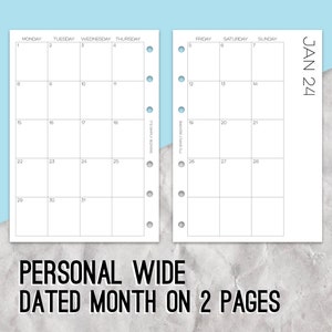 Dated Monthly Personal Wide Inserts, Monthly Inserts, Planner pages, Ring planner inserts, Diary inserts, Monthly planning, Personal Wide