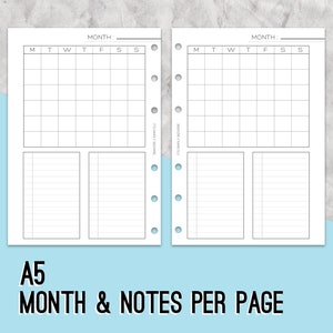 Months and Notes A5 Inserts, Month and Notes on One Page, Monthly ...