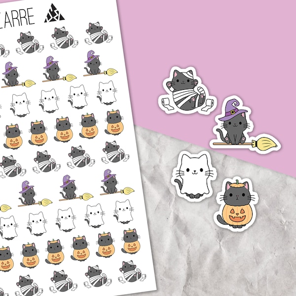 Cat fancy dress stickers, Halloween sticker sheet, Halloween planner, Planner deco, spooky planner, kawaii stickers, Halloween cats, Cute