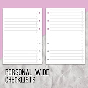 May include: Two blank white pages with lines and holes for a personal wide planner. The text "PERSONAL WIDE CHECKLISTS" is printed below the pages.