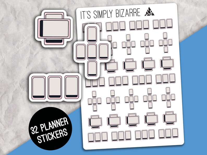 May include: A sheet of 32 planner stickers featuring various designs of black and white frames. The sheet is white with the text "IT'S SIMPLY BIZARRE" at the top. The text "32 PLANNER STICKERS" is in a black circle at the bottom left.