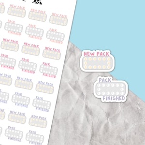 May include: Sheet of planner stickers featuring pill pack designs. Each sticker has the words "NEW PACK", "PACK", and "FINISHED". The stickers are in shades of pink, yellow, and gray, with a light blue and white background.
