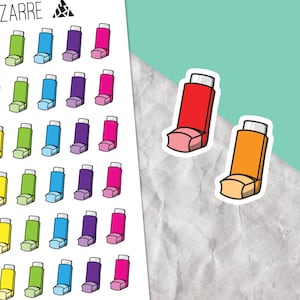 Op de afbeelding: Een vel met kleurrijke stickers met een inhalatorontwerp. De stickers zijn gerangschikt in rijen en kolommen, waarbij elke sticker een andere kleur heeft. De kleuren omvatten rood, oranje, geel, groen, blauw, paars en roze.