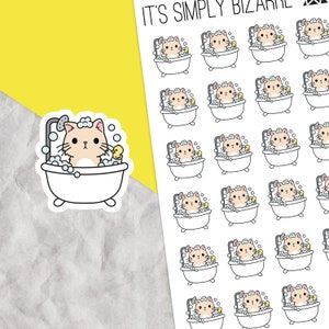 May include: A sheet of stickers featuring a cartoon cat taking a bath with a rubber ducky. The cat is in a white bathtub with bubbles and a shower head. The stickers are white with black outlines and are arranged in a grid pattern. The text "IT'S SIMPLY BIZARRE" is at the top of the sheet.