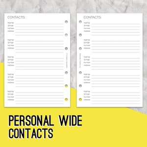 May include: A white, two-page, personal wide contact list with the title "CONTACTS" at the top of each page. The pages are designed for a personal planner or journal and have lines for writing names, email addresses, phone numbers, and addresses.