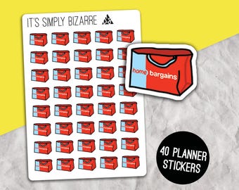 Pegatinas para bolsas Home Bargains, Hoja de pegatinas para planificador, Rastreador de compras, Pegatinas para planificador, Compras malas, Pegatinas para bolsas reutilizables