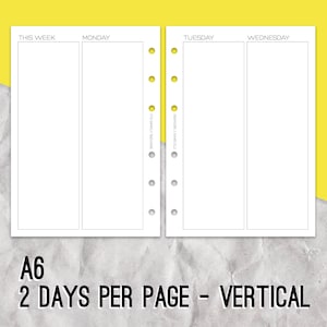 2 Days Per Page Vertical, A6 size rings, Ring planner pages, Planner inserts, Daily pages, Diary inserts, Weekly planning, Week on 4 pages