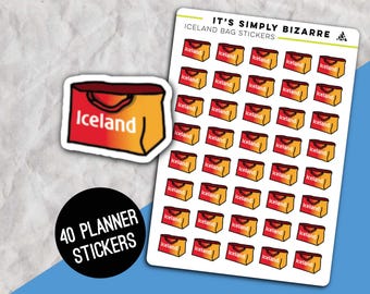 Iceland Bag Stickers, Food shop tracking, Meal planner, Planner sticker sheet, Shopping planner, Bag for life stickers