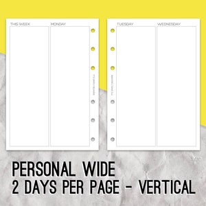 2 Days Per Page Vertical, Personal wide rings, Ring planner pages, Planner inserts, Daily pages, Diary, Weekly planning, Week on 4 pages