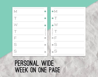 Personal Wide Week On One Page Inserts, Ring planner inserts, Diary inserts, Planner pages, Filofax pages, Weekly tracking inserts, Rings