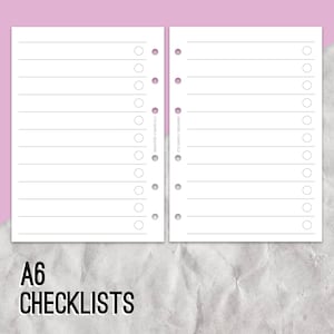 May include: A6 size checklist paper with lines and circles for marking. The paper is white and has holes on the side for a binder.