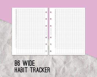 May include: A white B6 wide habit tracker with a grid pattern and numbered columns. The tracker is designed for use in a disc bound planner.