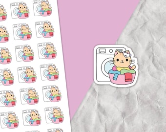 Washing Machine Cat Stickers, Clothes wash tracking, Planner tracker stickers, Deco stickers, Laundry sticker sheet, Household chores, Cute