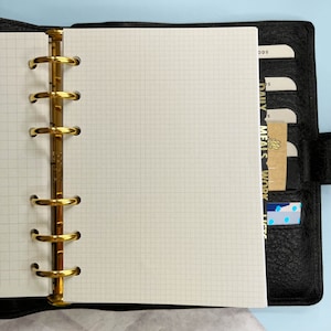 May include: A black leather bound planner with gold rings and a gridded paper insert. The planner has several pockets on the right side with tabs labelled "Daily", "Meals", and "Work".