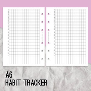 Op de afbeelding: Een A6-formaat habit tracker met een rasterpatroon en genummerde kolommen. Het papier is wit en de rasterlijnen zijn zwart.