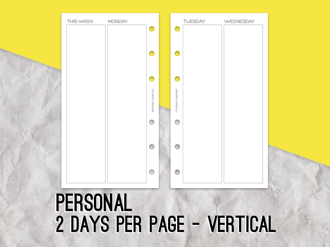 Weekdays Ring 2 Days per Page Vertical, Personal Size Rings, Ring Planner Pages ...