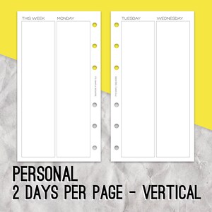 May include: A white planner page with two columns, labeled "This Week" and "Monday" on the left and "Tuesday" and "Wednesday" on the right. The page is designed for a personal planner and has space for writing in each column. The text "PERSONAL 2 DAYS PER PAGE - VERTICAL" is printed at the bottom of the page.